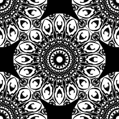 Siyah ve beyaz mandalalar pürüzsüz desenli. Tek renkli süslemeli soyut arka plan. Dekoratif arka planı tekrarla. Klasik çiçekler, yapraklar, girdaplar, mandalalar, çerçeveler. Etnik biçim süslemeleri