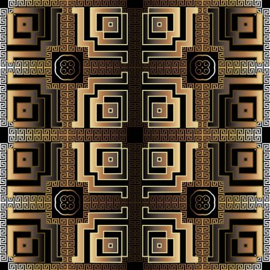 Altın 3d Yunan vektörü kusursuz desen. Modern geometrik arka plan. Ekose ekose arka planı tekrarla. Antik Yunan tarzı anahtarlı asma kilit süsü. Lüks dekorasyon tasarımı. Duvar kağıtları, kumaşlar, baskılar, fayanslar için