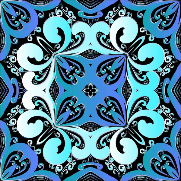 Colorido barroco floral 3d patrón sin costuras. Fondo ornamental. Repite el telón de fondo de Damasco. Adornos decorativos de estilo barroco hermoso. Flores azules vintage, hojas. Diseño simétrico adornado — Vector de stock