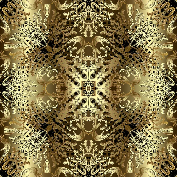 Χρυσό μπαρόκ 3d διάνυσμα αδιάλειπτη μοτίβο. Βασιλικό φόντο διακοσμητικής επιφάνειας. Όμορφο περίτεχνο επαναλαμβανόμενο σκηνικό. Βικτωριανά μπαρόκ στολίδια. Vintage Damask λουλούδια, φύλλα. Υφασμάτινος σχεδιασμός — Διανυσματικό Αρχείο