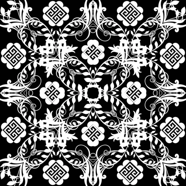 Grieks zwart-wit bloemen naadloos patroon. Vector decoratieve monochrome achtergrond. Herhaal geometrische achtergrond. Abstract Griekse sleutel meandert ornament met vintage bloemen, bladeren, takken, symbolen — Stockvector