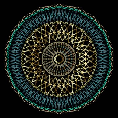 Nakış stili vektör mandala deseni. Dikiş desenli süs arkaplanı. Duvar halısı zigzag süsleri. Nakışlı daireler, zikzak çizgileri, geometrik şekiller, altın çerçeveler, sınırlar. Yuvarlak süs