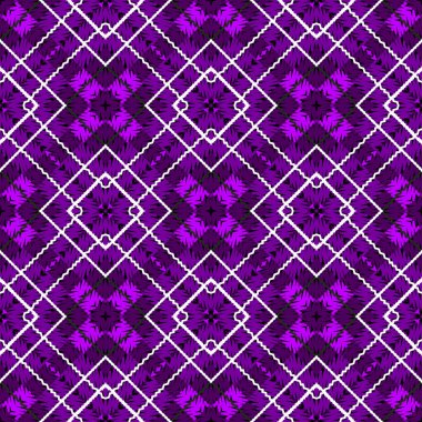 Tartan işlemeli renkli vektör dikişsiz desen. Çizgili desenli ekose arka plan. Duvar halısı tekrar grunge arkaplanı. Nakışlı çizgiler, kenarlar, zikzak, çizgiler, geometrik şekiller, çerçeveler