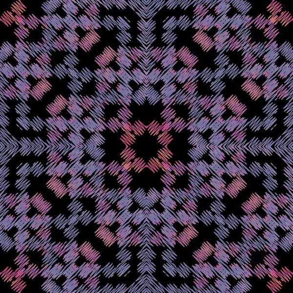 タペストリーカラフルなバイオレットシームレスパターン。刺繍装飾ベクトルの背景。民族のグランジジグザグの線、図形。テクスチャ幾何学的なファブリックパターン。パターン化された部族刺繍装飾 — ストックベクタ