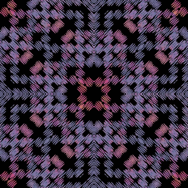 Tapiz colorido patrón inconsútil violeta. Bordado fondo vectorial ornamental. Grunge étnico zigzag líneas, formas. Patrón de tejido geométrico texturizado. ornamento bordado tribal estampado — Archivo Imágenes Vectoriales