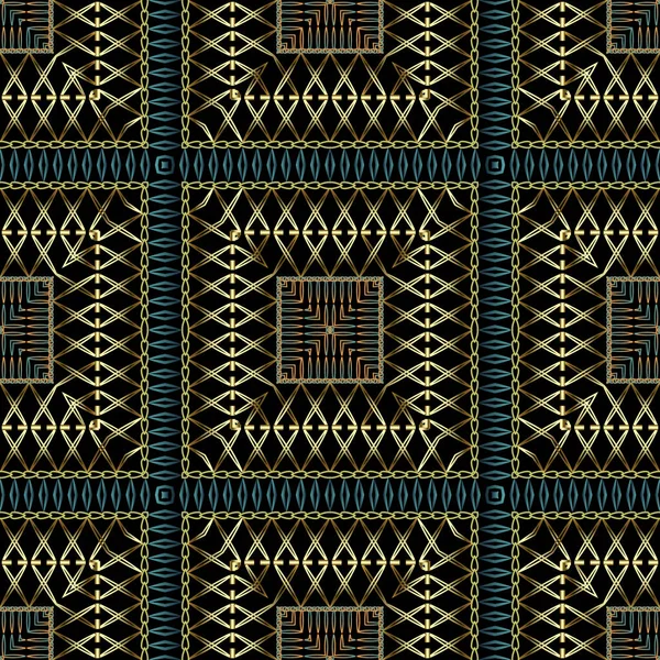 Plaid embroidery vector seamless pattern. Stitching textured tartan background. Tapestry repeat zig zag backdrop. Embroidered stripes, zigzag lines, geometric shapes, gold frames, squares, borders — Stock Vector
