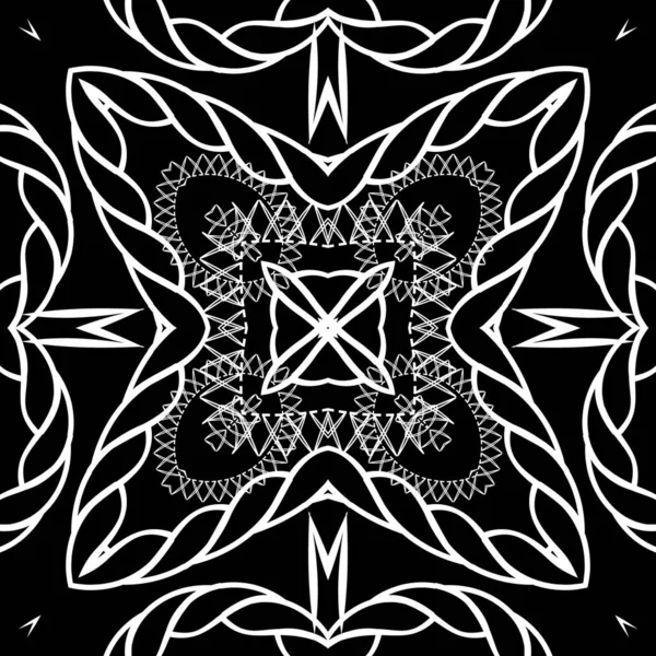 Patrón sin costura abstracto vector floral. Fondo ornamental blanco y negro. Repita decorativo dibujado a mano modelado telón de fondo. Cuerdas trenzadas, flores, marcos, líneas en zig zag, costuras. Plantilla — Archivo Imágenes Vectoriales