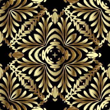 Duvar halısı, altın rengi, 3 boyutlu, dikişsiz desen. Nakış süsleme vektör arka planı. Damask grunge klasik altın çiçekler, şekiller. Dokulu kumaş deseni. İşlemeli halı süslemeleri.