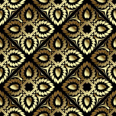 Duvar halısı, altın rengi, 3 boyutlu, dikişsiz desen. Nakış süsleme vektör arka planı. Damask grunge klasik altın çiçekler, şekiller. Dokulu kumaş deseni. İşlemeli halı süslemeleri.