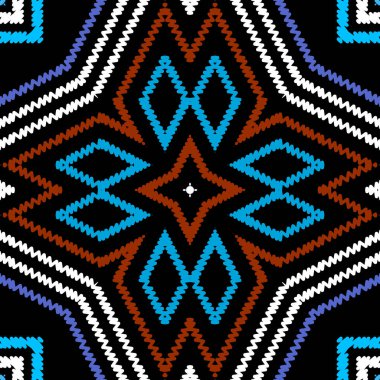 Dokulu vektörsüz desen. Renkli çizgili arka plan. Duvar halısı soyut şekiller, eşkenar dörtgen, çerçeveler, çizgiler, zikzak çizgileri. Nakış, geometrik etnik kabile süsü. Nakışlı doku