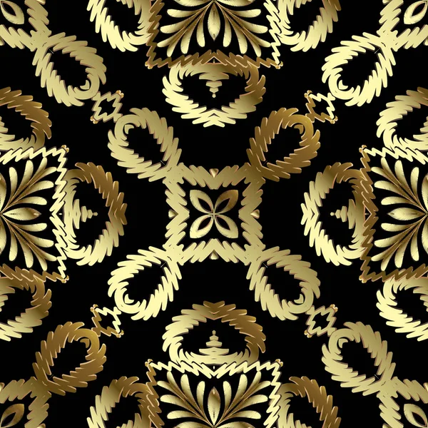 Tapestry gold floral 3d seamless pattern. Embroidery ornamental vector background. Damask grunge vintage golden flowers, shapes. Textured fabric pattern. Patterned embroidered carpet ornaments — Stock Vector