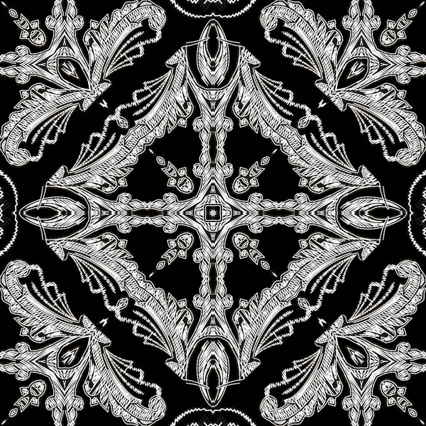 Borduren geweven Barokke vector naadloos patroon. Zwart en wit bloemige grunge achtergrond. Tapijtbehang. Damast bloemen, bladeren. Uitgebroed vintage barokke ornamenten. Geborduurde textuur — Stockvector