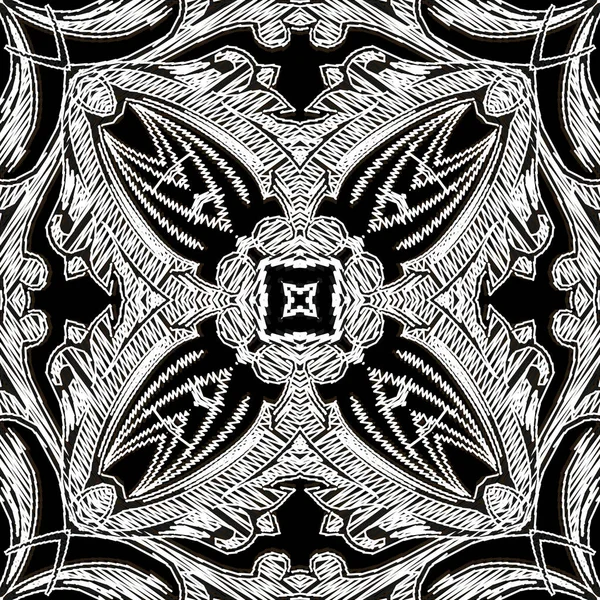 Borduren gestructureerde vector naadloos patroon. Zwart en wit bloemige grunge achtergrond. Tapijtbehang. Damast bloemen, bladeren, mandala 's. Uitgebroed vintage barokke ornamenten. Geborduurde textuur — Stockvector