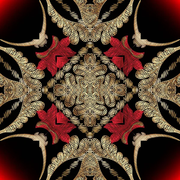 Broderie baroque motif sans couture orné. Fond de tapisserie fleuri vecteur lumineux. Conception de papier peint. Fleurs rouges brodées vintage, feuilles d'or, lignes, cadres. Fancywork ornement de surface grunge — Image vectorielle