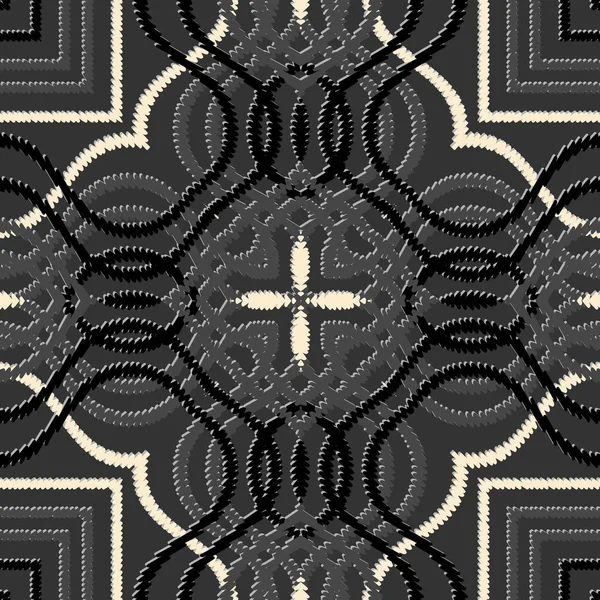 Getextureerde vector naadloos patroon. Elegante gestreepte ruitachtergrond. Tapijtwerk abstracte vormen, strepen, zigzag lijnen, golven. Geometrische symmetrische tartan ornament. Geborduurde textuur. Herhaal: — Stockvector