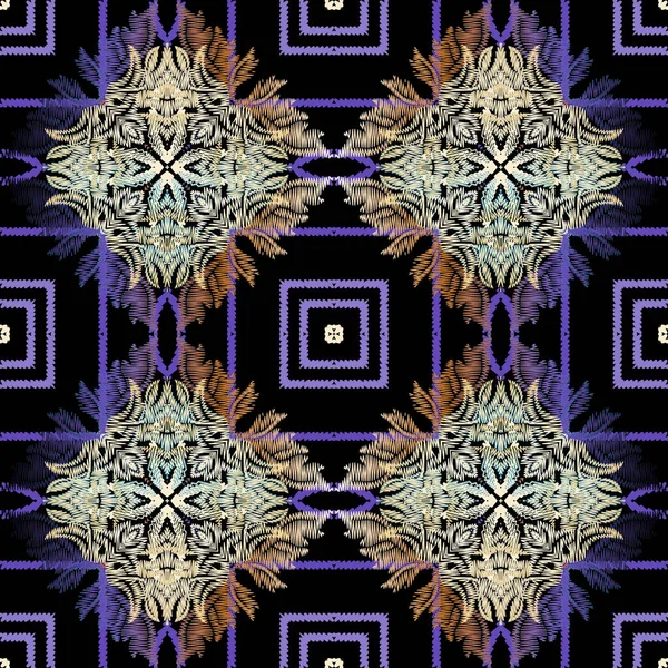 Patrón sin costuras vectorial texturizado rayado. Fondo floral colorido. Tapiz vintage flores, hojas, marcos, formas, zigzag, rayas, líneas. Bordado de adornos geométricos. Bordado — Vector de stock