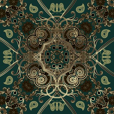 Paisley dikişsiz desen. Vektör süslemeli çiçek arkaplanı. Doğuya özgü etnik arka planı tekrarla. Klasik altın desenli çiçekler, yapraklar, girdaplar, çizgiler. Zarif, güzel arabesk süsleri..