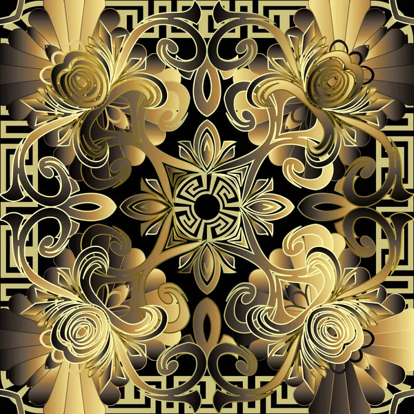 巴洛克3D无缝图案 黑色矢量锦缎背景墙纸 古老的金花 正方形的框架 曼德勒 希腊钥匙会扭曲装饰品 美丽的花卉设计 — 图库矢量图片