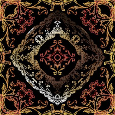 Nakış işlemeli Barok vektör pürüzsüz desen. Süslü çiçek arkaplanı. Arka planı tekrar et. Eski goblen çiçekleri, dikişler, zikzak, yapraklar. İşlemeli Damask süslemeleri. Grunge dokusu