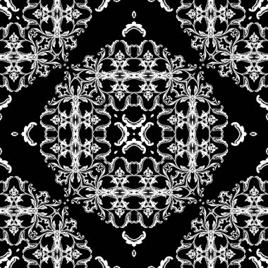 Barok vektör kusursuz desen. Damask 'ın eski tarz çiçek arkaplanı. Güzel tekrarlama arkaplanı. Antik Viktorya dönemi barok süslemeleri. Klasik çiçekler, yapraklar. Süslü siyah beyaz tasarım