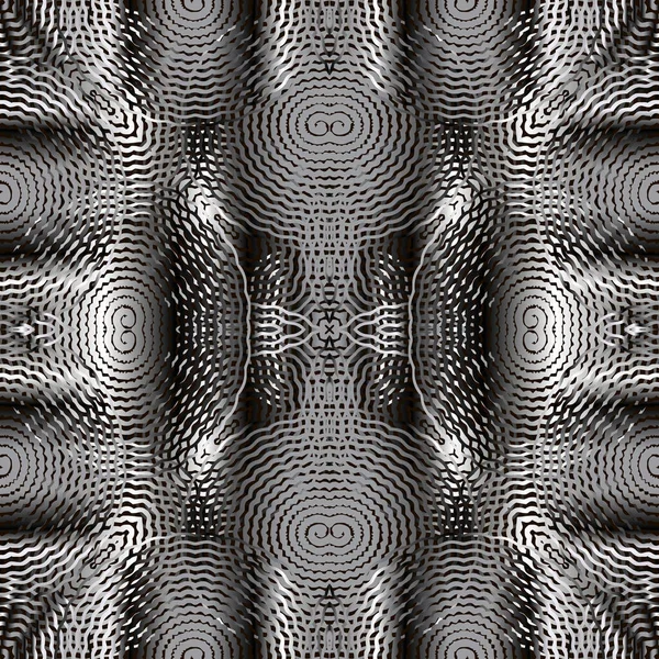 Texturiertes 3D-geometrisches Vektor-nahtloses Muster. Radiale Kreise im Hintergrund. Wiederholen Sie den kunstvollen abstrakten Hintergrund. Elegante moderne symmetrische 3D-Ornamente. Endlose Silber-Textur. Wellenlinien, geometrische Formen — Stockvektor