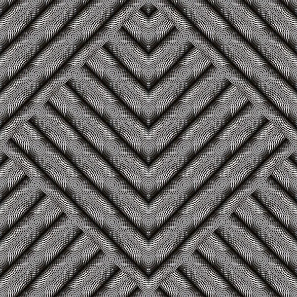 Texturizado 3d vector geométrico patrón sin costura. Círculos radiales fondo. Repita el fondo abstracto. Modernos ornamentos 3D simétricos. Textura plateada sin fin. Líneas de onda, zigzag, rombo, círculos — Vector de stock