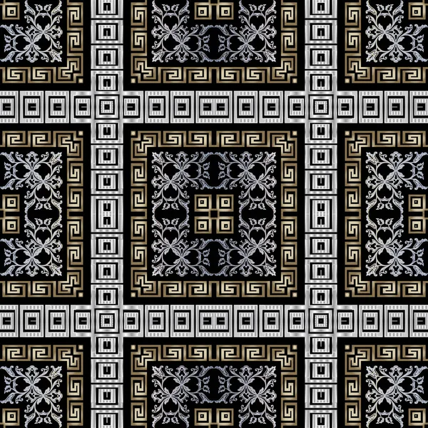 Греческий бесшовный шаблон. Векторные барокко Дамаск фон обои с винтажными цветами, листья, квадратные рамки, границы. Меандр греческий ключ к геометрической фигуре заштопан. Роскошный цветочный клетчатый дизайн — стоковый вектор