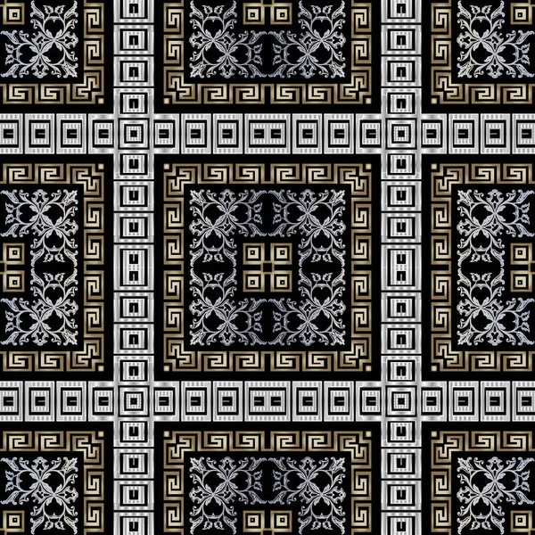 Modelul grec fără sudură. Vector baroc damasc fundal tapet cu flori de epocă, frunze, cadre pătrate, frontiere. Meander grecesc cheie geometric ornament cu cecuri. Design de carouri florale de lux — Vector de stoc