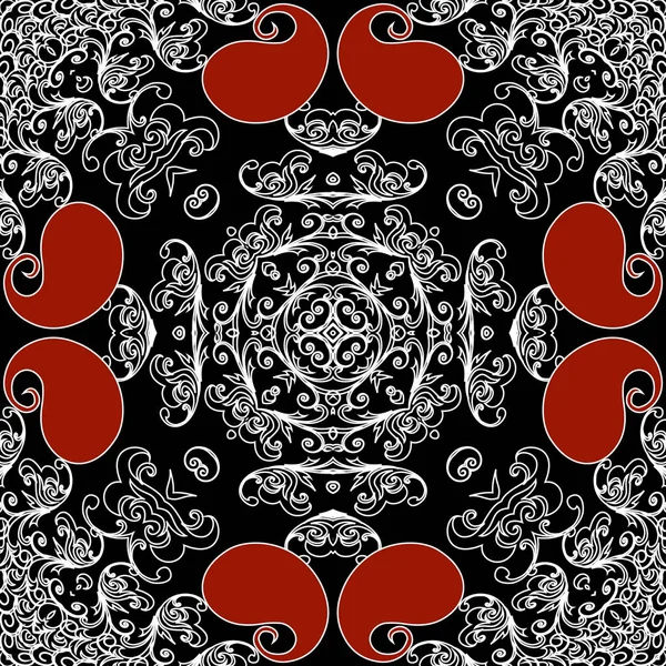 Pola Paisley mulus. Latar belakang ornamental vektor merah putih hitam. Line art tracery vintage paisley bunga, daun, bentuk, garis. Gaya etnis dekoratif mengulangi latar belakang. Hiasan ornamen - Stok Vektor