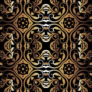 Çiçekli, klasik, dikişsiz altın taşıyıcı desen. Süslü, zarif bir arka plan. Damask arkaplanını tekrar edin. Süslü çiçekler, yapraklar. Duvar kağıtları, kumaşlar, baskılar, ambalajlar için lüks tasarım. Sonsuz doku