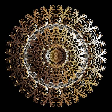 Barok çiçekli 3D lüks mandala deseni. Altın renkli 3 boyutlu çiçekler, yapraklar, dallar içeren vektör damaske duvar kağıdı. Mandala yuvarlak. Yunanca anahtar yüzey rengarenk süs. Çember çerçeve