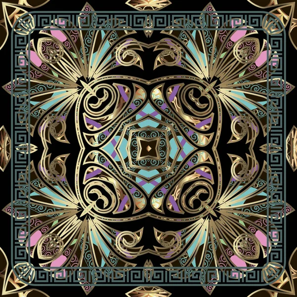 Patrón sin costura vector floral griego. Ornamental abstracto repetir fondo con meandros clave griega ornamento. Flores vintage, hojas, remolinos, marcos, formas, mandalas. Diseño colorido estilo étnico — Vector de stock