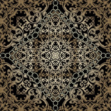 Altın barok vektör pürüzsüz desen. Damask 'ın eski tarz çiçek arkaplanı. Güzel renkli arka plan tekrarları. Antik Viktorya dönemi barok süslemeleri. Klasik çiçekler, yapraklar, zincirler. Dekorasyon tasarımı