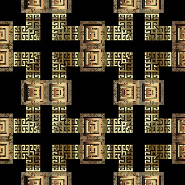 Geometrik Yunan vektörü 3d pürüzsüz desen. Süslü arka plan. Geometri kareli arka planı tekrarlıyor. Yunan anahtarı geometrik şekiller, kareler, çerçeveler ve kenarlarla antik süslemeler yapıyor