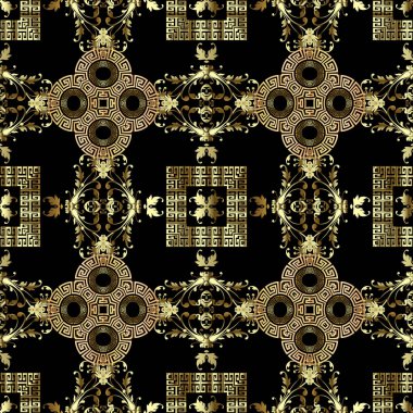 Altın antika Yunan vektörü kusursuz desen. Geometrik süs arka planı. Barok Damask arkaplanını tekrar edin. Altın çiçekler, yapraklar, çerçeveler, mandalalar, daireler, şekiller. Dekoratif yüzey desenli tasarım