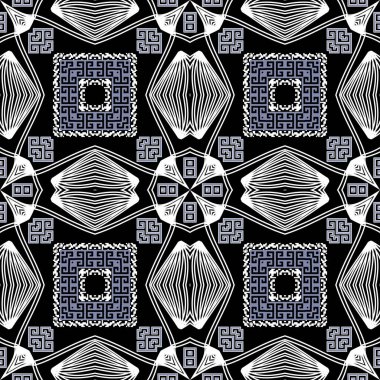 Çizgili Yunanca vektör kusursuz desen. Süslü geometrik etnik kabile geçmişi. Arka planı tekrar et. Geometrik Yunan anahtarlı pervane süslemeleri. Kare çerçeveler, soyut şekiller. Grunge desenli tasarım