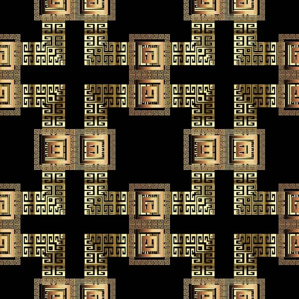 Géométrique grec vecteur 3d motif sans couture. Décoration ornementale arrière-plan. Géométrie répétition plaid toile de fond. Clé grecque serpente ornement antique avec des formes géométriques, carrés, cadres, bordures — Image vectorielle