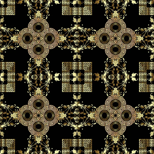 Guld vintage grek vektor sömlös mönster. Geometrisk prydnadsbakgrund. Upprepa barock damast bakgrund. Gyllene blommor, blad, ramar, mandalas, cirklar, former. Utsmyckad yta strukturerad design — Stock vektor