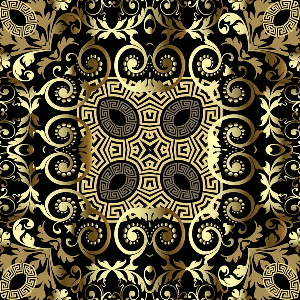 Gold vintage greek vector seamless pattern. Geometric ornamental background. Repeat Baroque Damask backdrop. Golden flowers, leaves, swirls, mandalas, circles, shapes. Ornate surface textured design — Stock Vector
