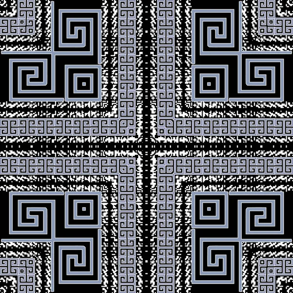 Rayas a cuadros griego vector patrón sin costuras. Ornamental geométrico de origen tartán étnico. Fondo tribal abstracto. Geométrico moderno adornado griego clave meandro ornamentos. Diseño de textura grunge — Archivo Imágenes Vectoriales