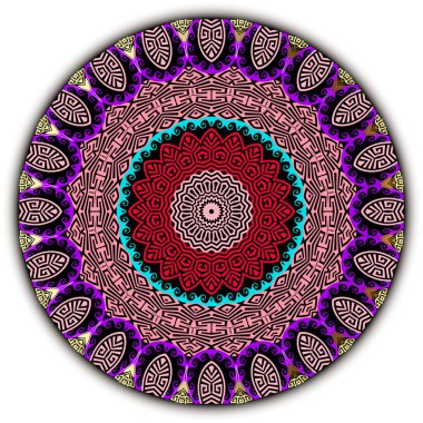 Renkli çiçek vektörü mandala deseni. Süslü modern Yunan arka planı. Yunan anahtarlı yuvarlak vintage süsleme. Etnik kabile tarzı soyut çiçekler, dalga çizgileri, geometrik şekiller