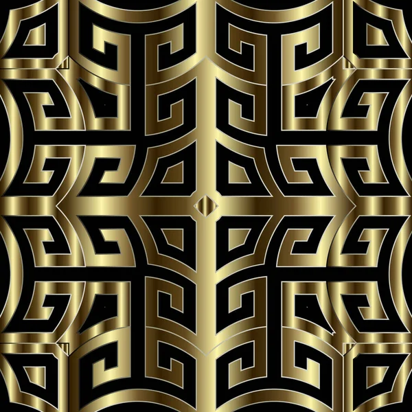 Gold 3d řecký vektor bezešvé vzor. Opakujte kmenové abstraktní pozadí. Řecký klíč překrucuje zlatý ornament v etnickém stylu. Geometrický zdobený moderní design. Luxusní povrch geometrické nekonečné pozadí — Stockový vektor