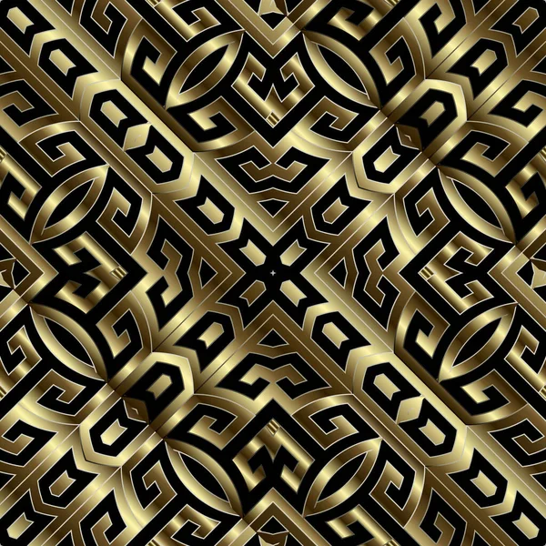 Goud 3D Griekse vector naadloos patroon. Herhaal tribale abstracte achtergrond. Griekse sleutel meandert etnische stijl gouden ornament. Geometrische sierlijk modern design. Luxe oppervlak geometrische eindeloze achtergrond — Stockvector