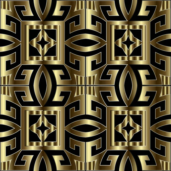 Gold 3d griechischer Vektor nahtloses Muster. Wiederholen Sie den abstrakten Stammeshintergrund. Griechischer Schlüssel mäandert goldenes Ornament im ethnischen Stil. Geometrisch kunstvolles modernes Design. Luxus Oberfläche geometrischen endlosen Hintergrund — Stockvektor