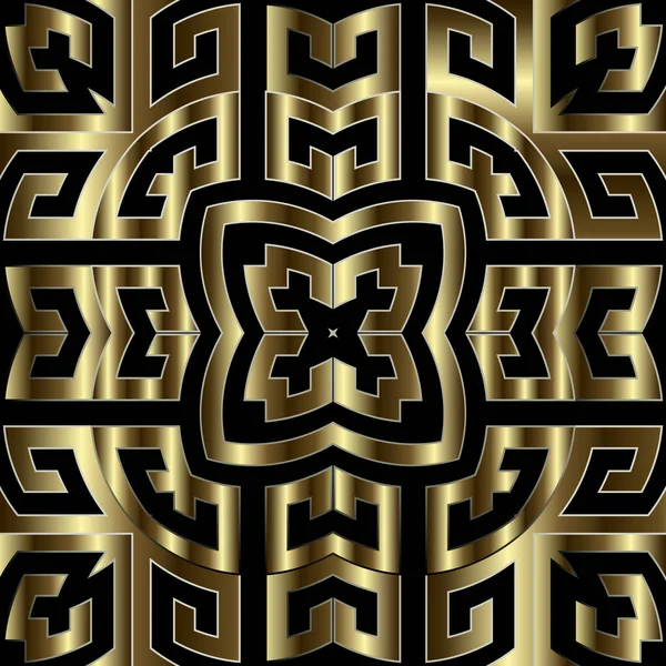 Ouro 3d padrão sem costura vetor grego. Repita o fundo abstrato tribal. chave grega meandros ornamento de ouro estilo étnico. Design moderno geométrico ornamentado. Superfície de luxo geométrico pano de fundo infinito — Vetor de Stock