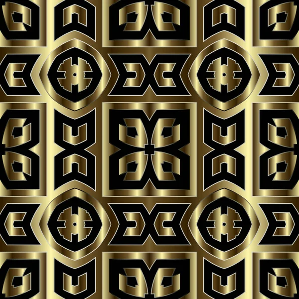 ゴールド3Dギリシャベクトルシームレスパターン。部族抽象的な背景を繰り返します。ギリシャ語のキーは、民族スタイルの黄金の装飾を意味する。幾何学的な華やかなモダンなデザイン。豪華な表面幾何学的無限の背景 — ストックベクタ