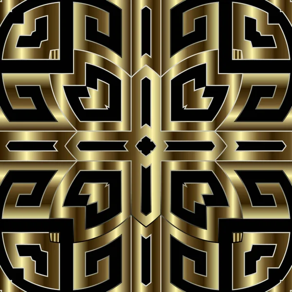 Gold 3D řecký vektor bezešvé vzor Opakujte kmenové abstraktní pozadí. Řecký klíč překrucuje zlatý ornament v etnickém stylu. Geometrický zdobený moderní design. Luxusní povrch geometrické nekonečné pozadí — Stockový vektor
