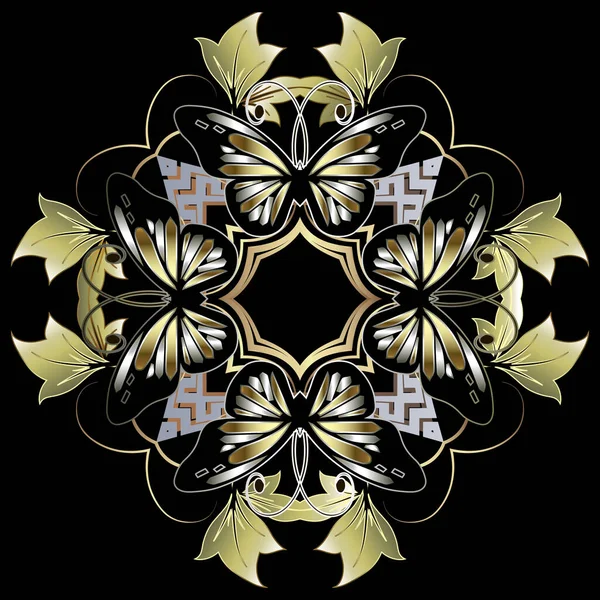 Blommor och fjärilar mönster. Prydnadsvektor bakgrund. Vintage blommig prydnad. Guldfjärilar, blommor, blad, ram. Geometrisk abstrakt utsmyckad dekorativ design. För kort, tryck, dekor — Stock vektor