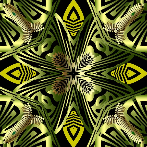 Decoratieve Griekse 3D vector naadloos patroon. Ornate mooie achtergrond. Moderne herhaling van etnische stammenachtergrond. Groene abstracte bloemen, bladeren, vormen. Luxe oppervlakteornamenten. Eindeloze textuur — Stockvector