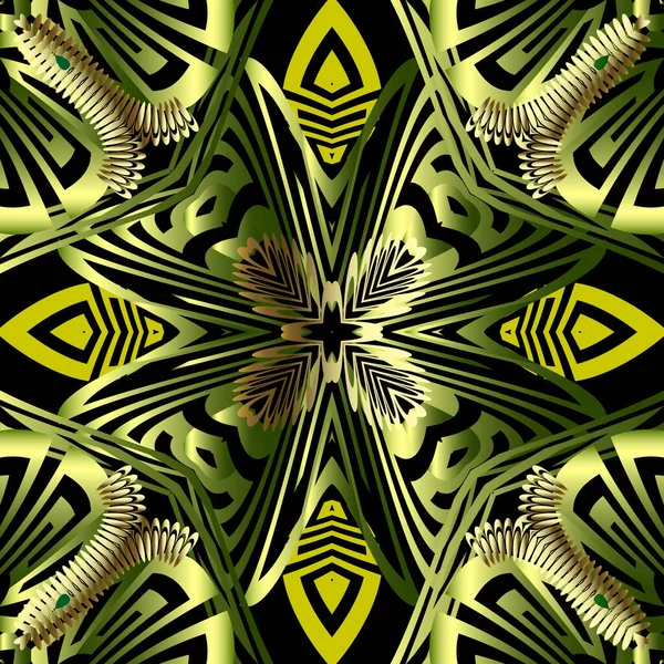 Ornamental griego 3d vector patrón sin costura. Hermoso fondo adornado. Fondo tribal étnico repetitivo moderno. Flores abstractas verdes, hojas, formas. Adornos de superficie de lujo. Textura interminable — Vector de stock